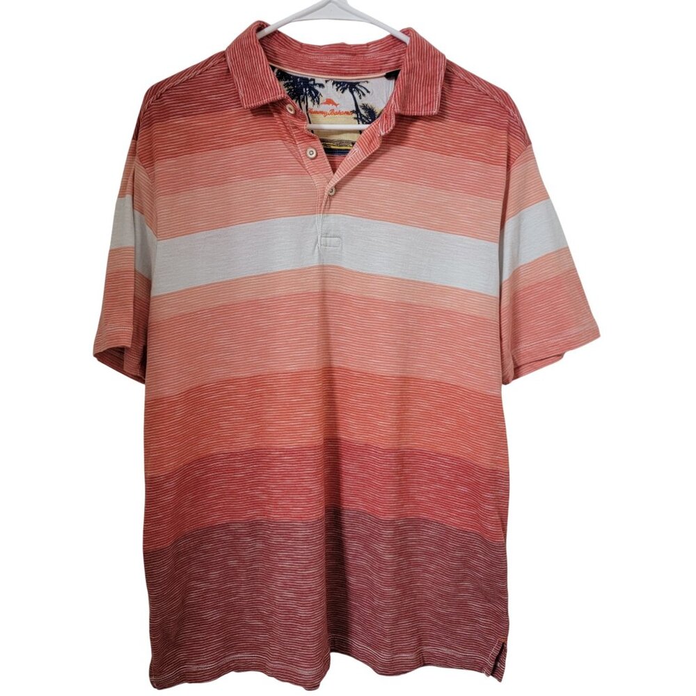Tommy Bahama Size M Orange, Coral, Salmon, White Striped Polo Shirt